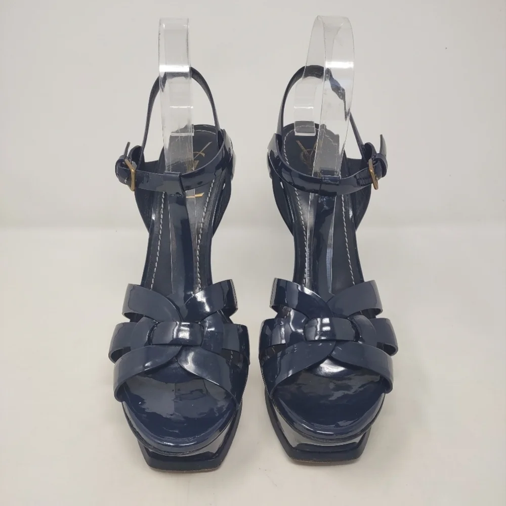 Yves St Laurent YSL 40 tribute BLUE patent leather platform sandals Celebrity